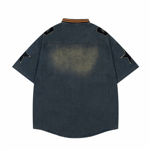 Embroidered letter denim short sleeved shirt - Maison1988